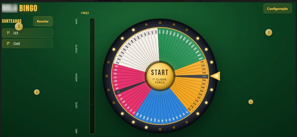 Bingo interativo com roleta e números sorteados