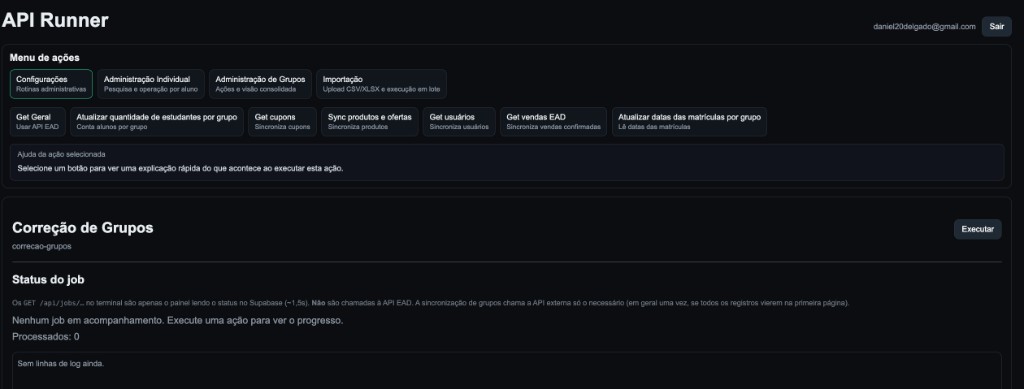 Menu de ações do API Runner com jobs e logs