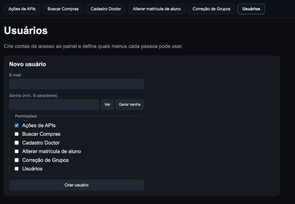 Cadastro de usuários e permissões do painel