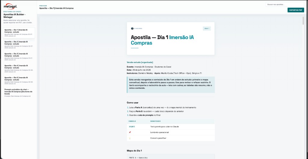 Preview do studio de apostilas Metagal com sidebar e documento