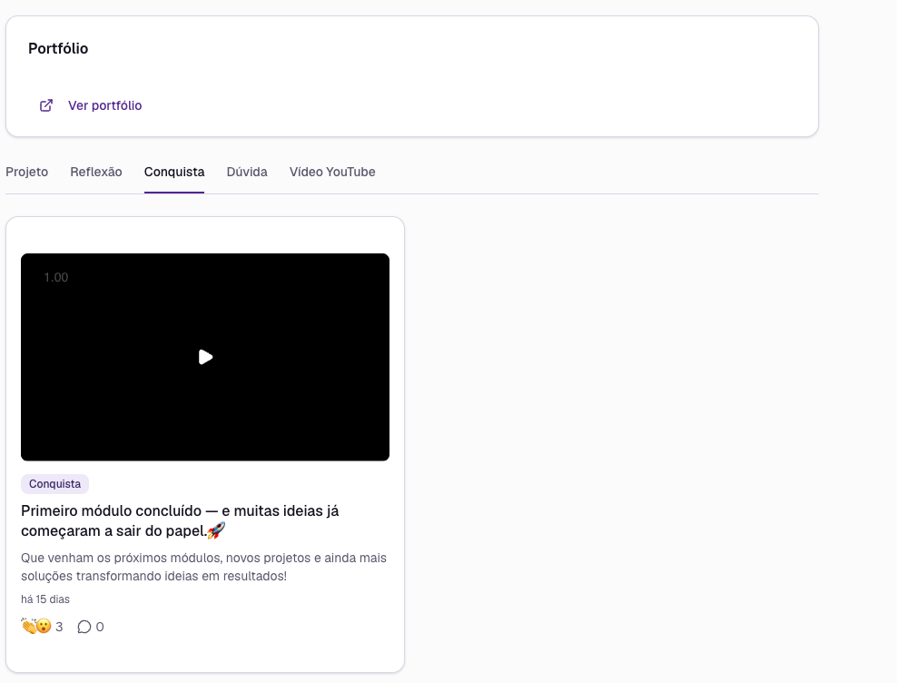 Post de conquista com vídeo na comunidade