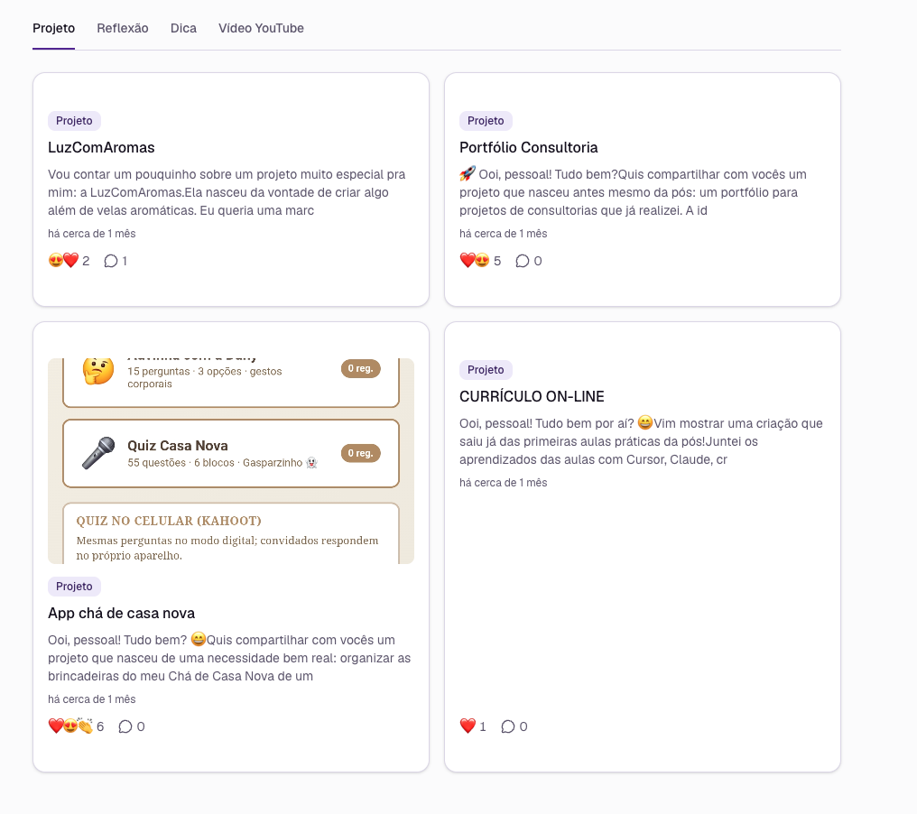 Grade de projetos publicados pelos alunos