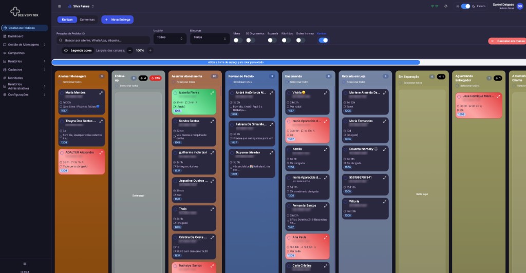 Kanban de gestão de pedidos do Delivery 10x