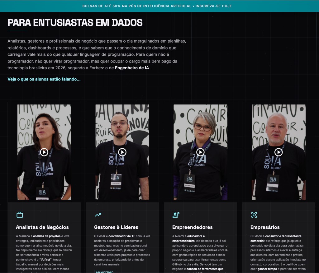 Landing da pós com depoimentos e perfis de alunos