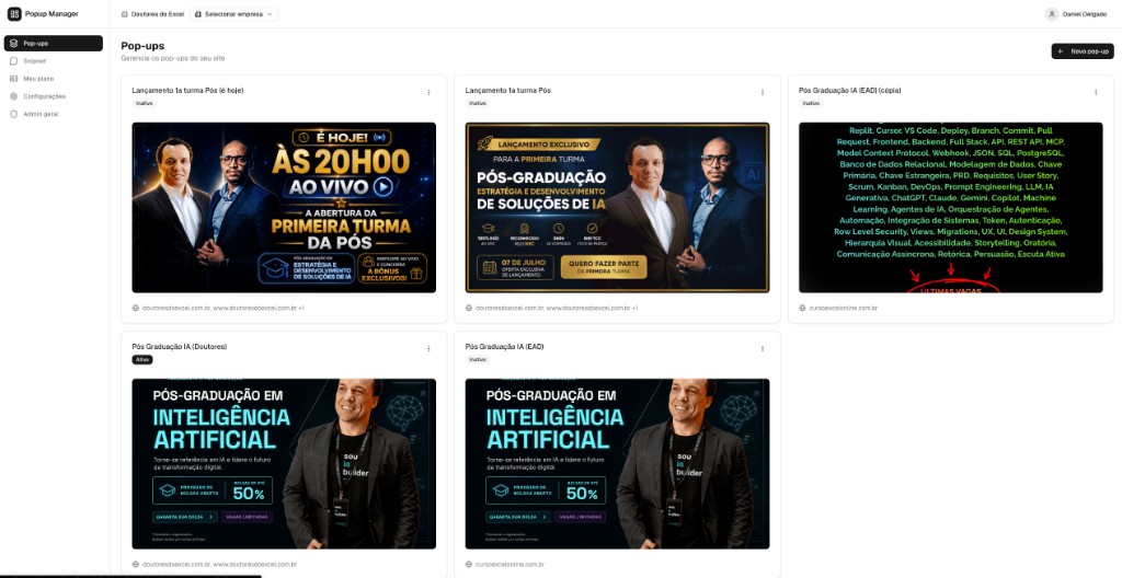 Dashboard com lista de pop-ups ativos e inativos