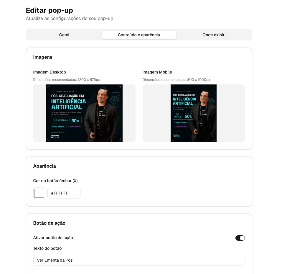 Editor de conteúdo e aparência do pop-up