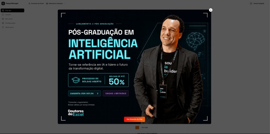 Preview do pop-up de lançamento da pós